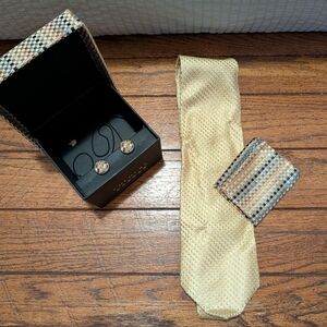 Izod Yellow Tie Paired With Checkered Pocket Square Set
